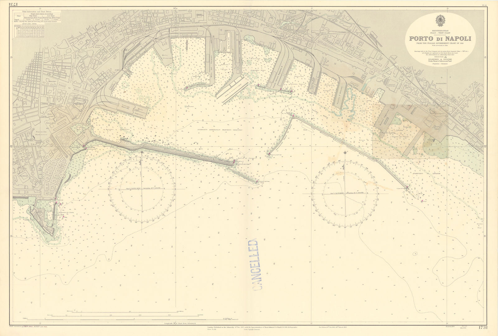 Port di Napoli. Naples, Italy. ADMIRALTY sea chart 1937 (1955) old vintage map